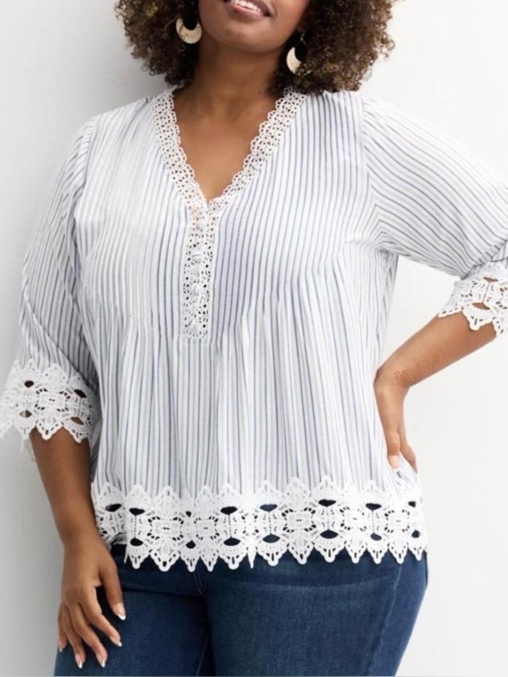Catherine Malandrino Striped Lace Trim V Neck Crochet Blouse Women’s Size 1X